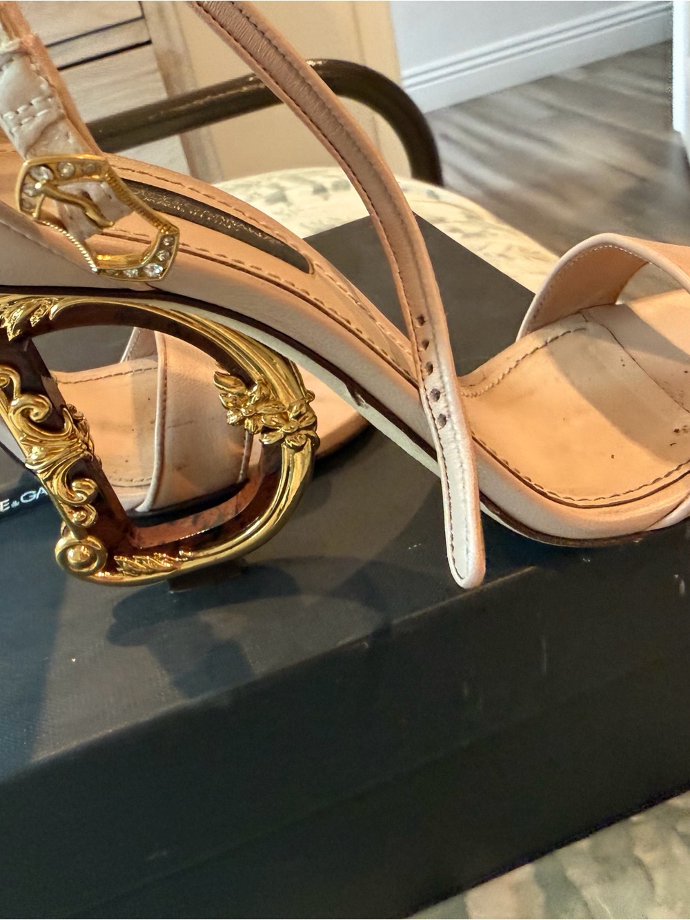 Dolce & Gabbana Blush Nude Strappy Heels with Gold Decorative D Heel